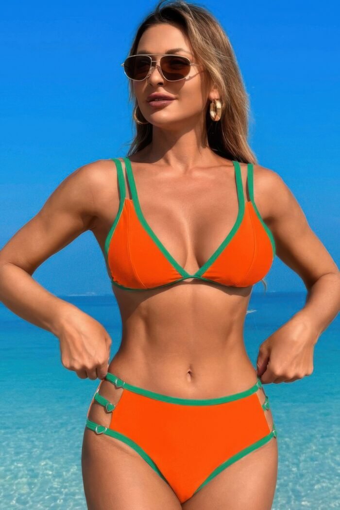 Two pieces color block cut out back knot bikini - image 1