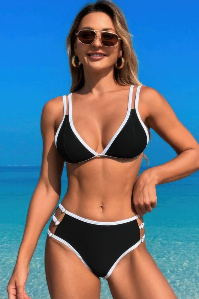 Two pieces color block cut out back knot bikini - image 5