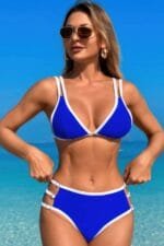Two Pieces Color Block Cut Out Back Knot Bikini