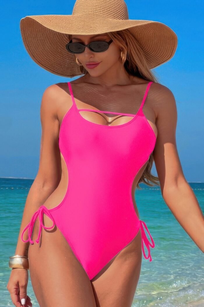 Solid knot cut out high cut swimsuit - image 11