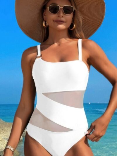One Piece Color Block Lace High Cut Swimsuit