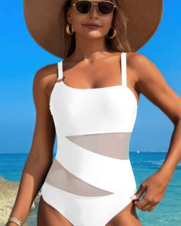 One Piece Color Block Lace High Cut Swimsuit