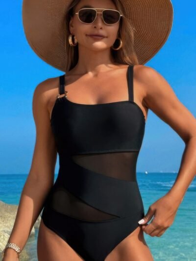 One Piece Color Block Lace High Cut Swimsuit