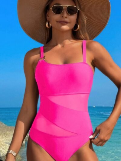 One Piece Color Block Lace High Cut Swimsuit