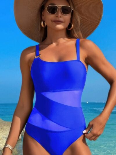 One Piece Color Block Lace High Cut Swimsuit