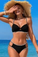 Two Pieces Color Black Cut Out Knot Bikini