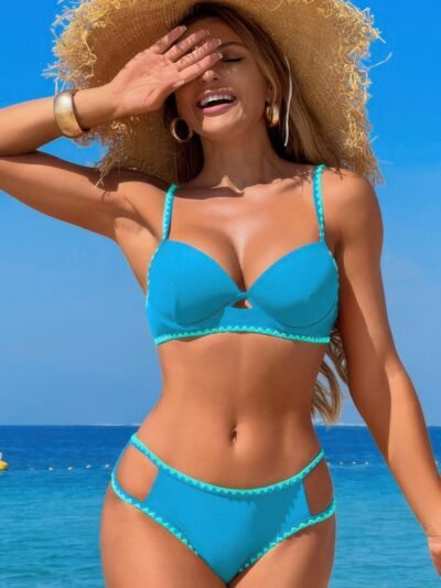 Two Pieces Color Black Cut Out Knot Bikini