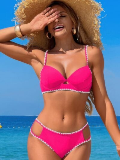 Two Pieces Color Black Cut Out Knot Bikini