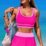 Color Block Two Pieces High Waisted Skirt Swimsuit