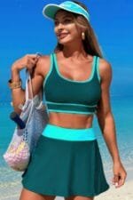 Color Block Two Pieces High Waisted Skirt Swimsuit