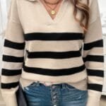 V Neck Drop Shoulder Strip Knit Loose Sweater