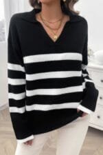V Neck Drop Shoulder Strip Knit Loose Sweater