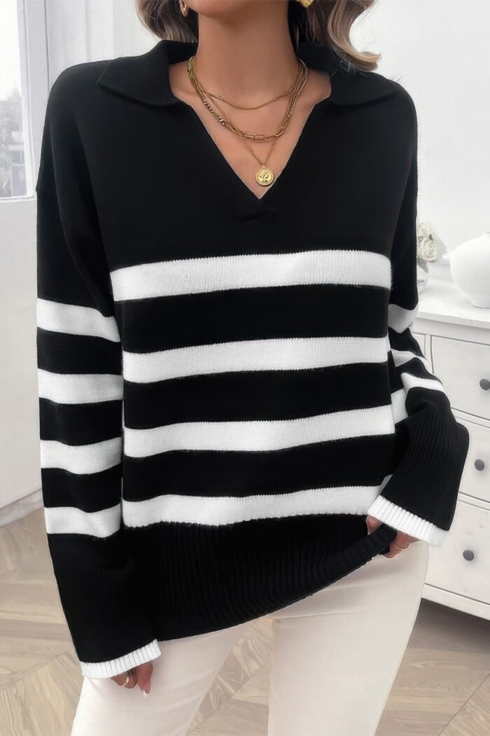 V neck drop shoulder strip knit loose sweater - image 2