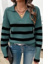 V Neck Drop Shoulder Strip Knit Loose Sweater