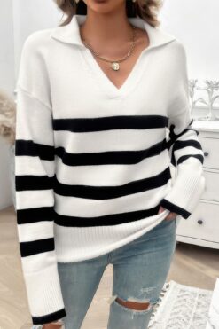V Neck Drop Shoulder Strip Knit Loose Sweater