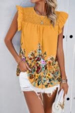 Floral Print Round Neck Ruched Loose Fit Top