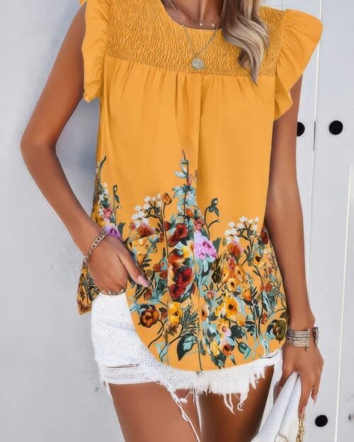 Floral Print Round Neck Ruched Loose Fit Top