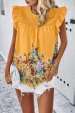 Floral Print Round Neck Ruched Loose Fit Top
