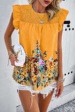 Floral Print Round Neck Ruched Loose Fit Top