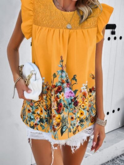 Floral Print Round Neck Ruched Loose Fit Top