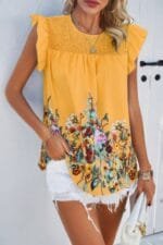Floral Print Round Neck Ruched Loose Fit Top