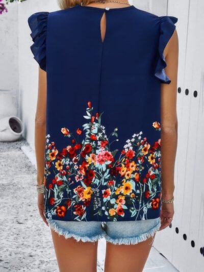 Floral Print Round Neck Ruched Loose Fit Top