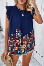 Floral Print Round Neck Ruched Loose Fit Top