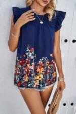 Floral Print Round Neck Ruched Loose Fit Top