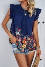 Floral Print Round Neck Ruched Loose Fit Top