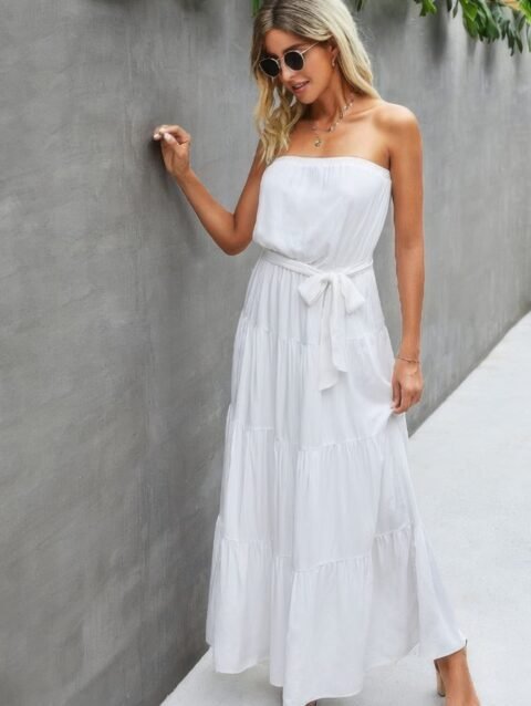 Off Shoulder Waist Tie Ruffle Dress