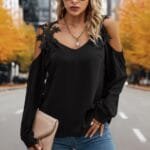 Contrast Low Back Lace Cold Shoulder Top