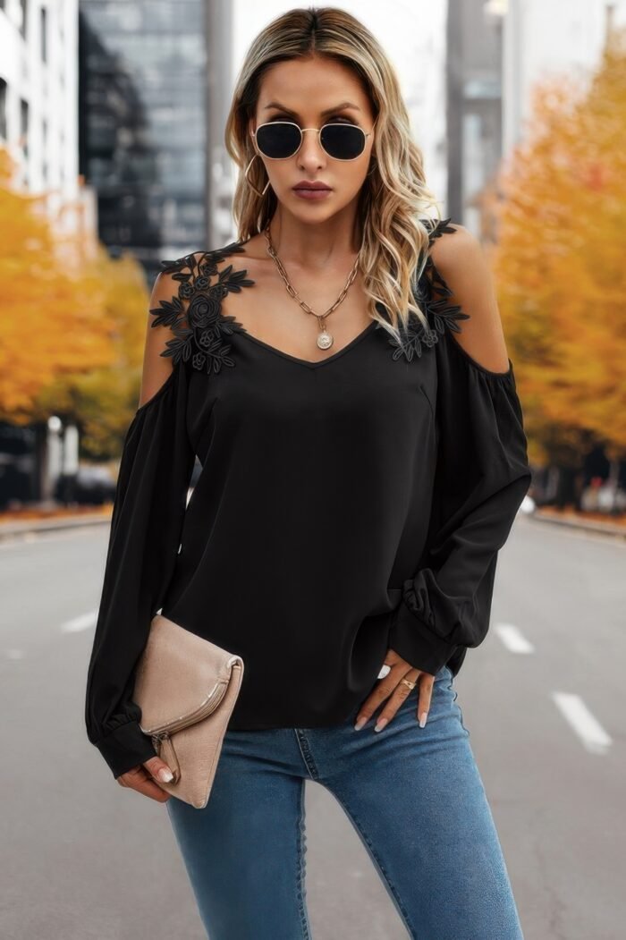 Contrast Low Back Lace Cold Shoulder Top - Image 1