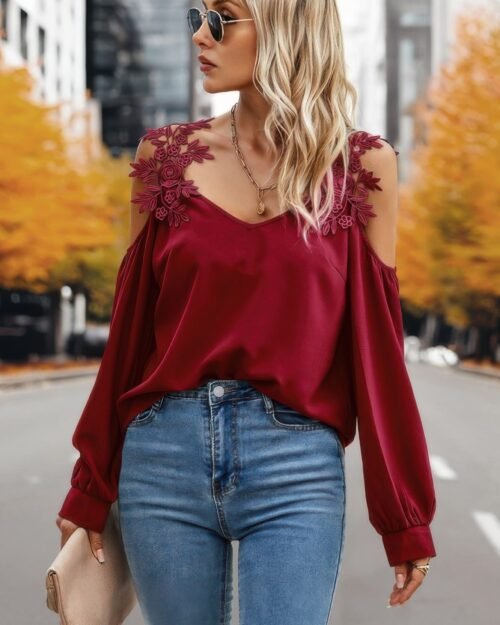 contrast low back lace cold shoulder top