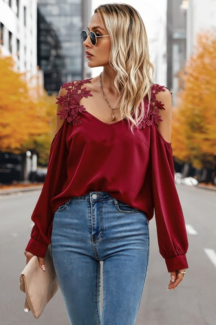Contrast Low Back Lace Cold Shoulder Top - Image 4