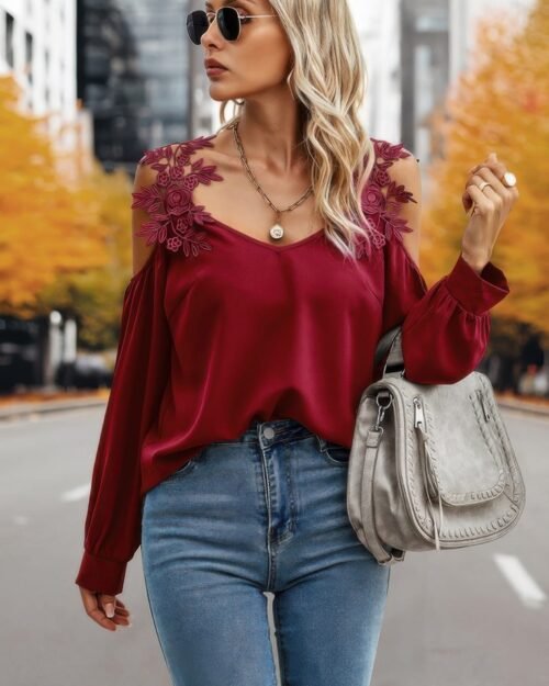 contrast low back lace cold shoulder top