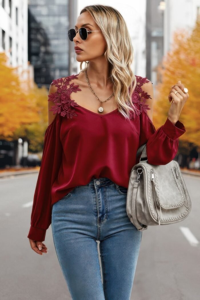 Contrast Low Back Lace Cold Shoulder Top - Image 5