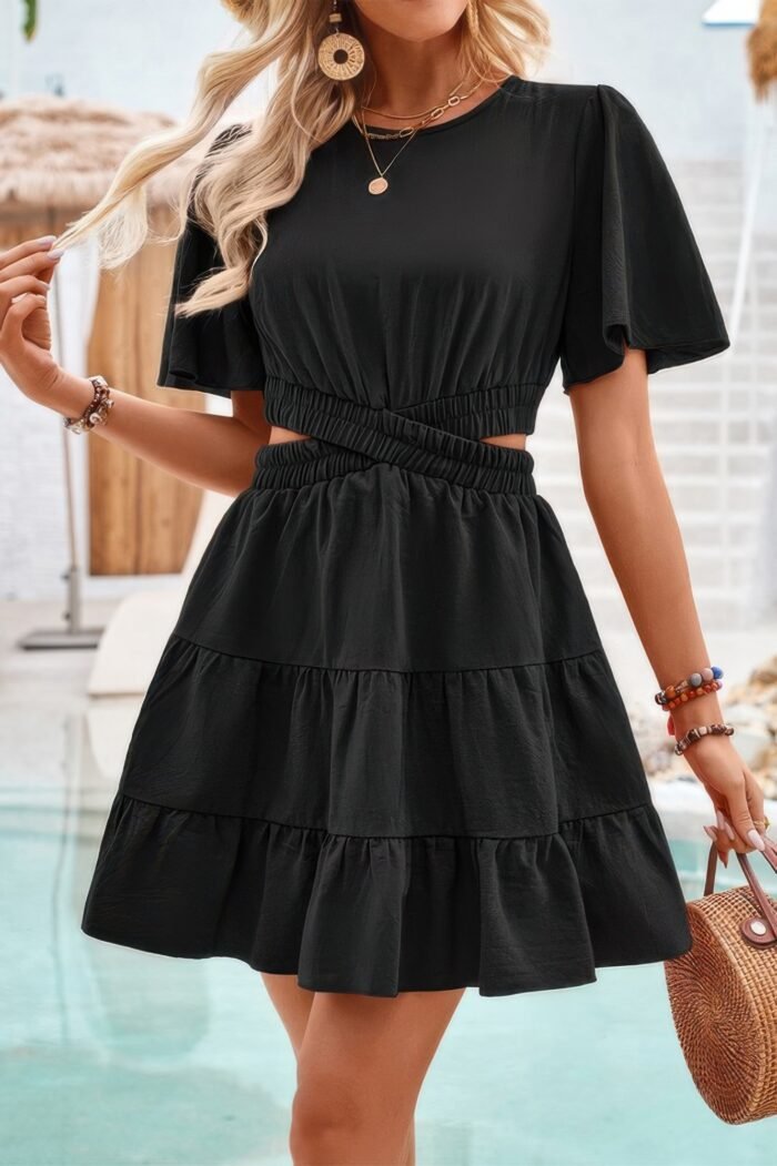 Cross cut out fit elastic waist ruffle dress - image 2