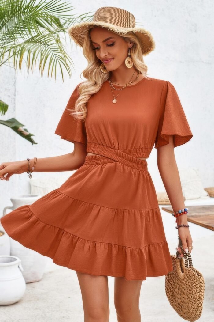 Cross cut out fit elastic waist ruffle dress - image 10