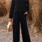 Two Pieces Button Back Ruffle Plain Pocket Sets