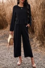 Two Pieces Button Back Ruffle Plain Pocket Sets