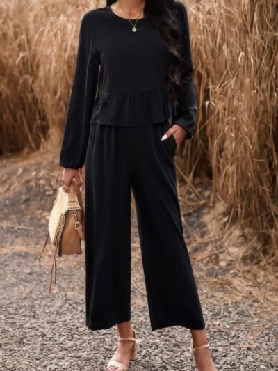 Two Pieces Button Back Ruffle Plain Pocket Sets