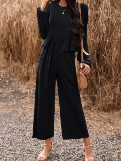Two Pieces Button Back Ruffle Plain Pocket Sets Two Pieces Button Back Ruffle Plain Pocket Sets