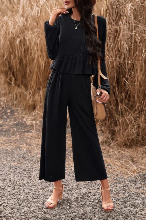 Two Pieces Button Back Ruffle Plain Pocket Sets - Image 2