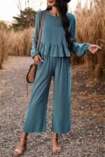 Two Pieces Button Back Ruffle Plain Pocket Sets