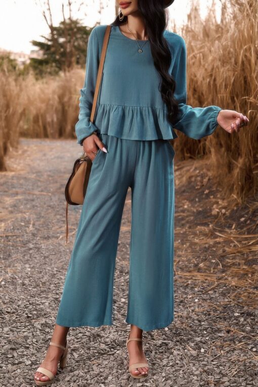 Two Pieces Button Back Ruffle Plain Pocket Sets - Image 4