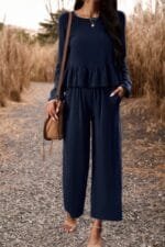 Two Pieces Button Back Ruffle Plain Pocket Sets