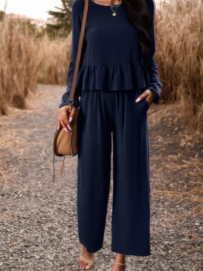 Two Pieces Button Back Ruffle Plain Pocket Sets Two Pieces Button Back Ruffle Plain Pocket Sets