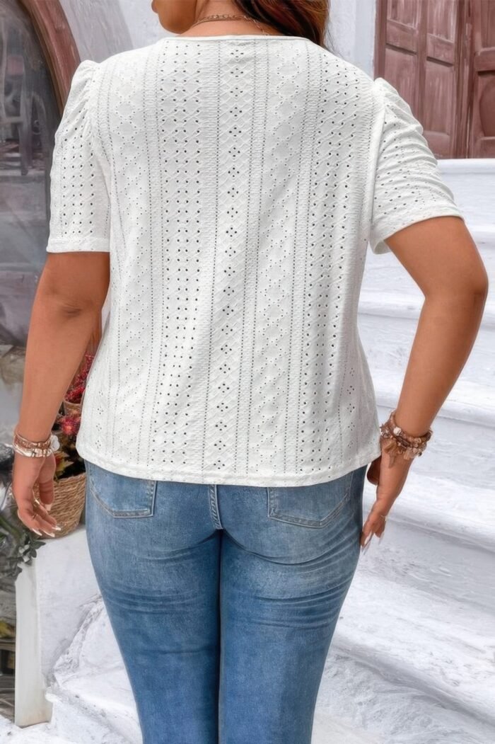 Plus Size Solid Hollow Out Puff Sleeves Shirt - Image 2