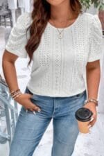 Plus Size Solid Hollow Out Puff Sleeves Shirt