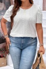 Plus Size Solid Hollow Out Puff Sleeves Shirt